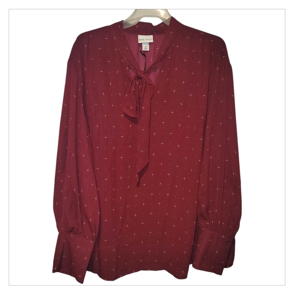Ava & Viv Burgundy Tie-Neck Blouse with Tiny Cross Dot Print - Picture 2 of 7